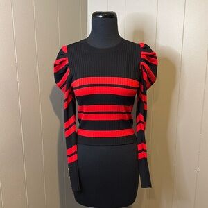 Zara Women’s Small Sweater Cropped Balloon Sleeves Stripes Ribbed Knit Crewneck